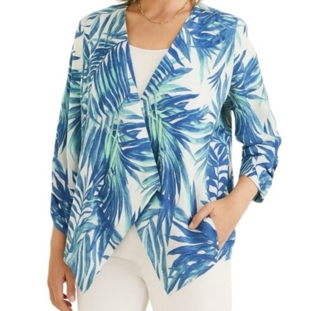 Chicos NEW 100% LINEN Luxe leaves reef drape front cardigan top roll tab sleeve